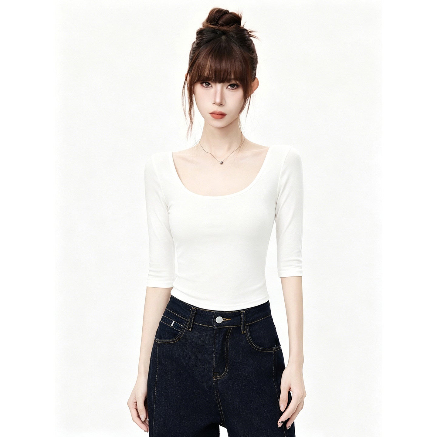 White Deep U Neck Slim Fit T Shirt For Women Mid Sleeve Top