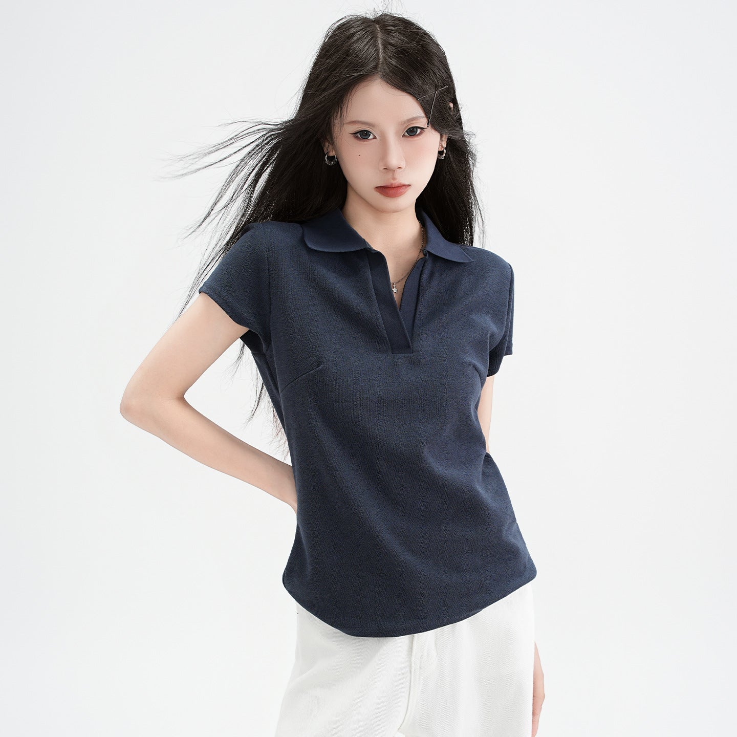 Chic Polo Collar Short Sleeve T Shirt For Women Slim Fit Solid Color