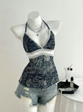 Navy Blue Floral V Neck Sleeveless Top With Straps For Street Fashion