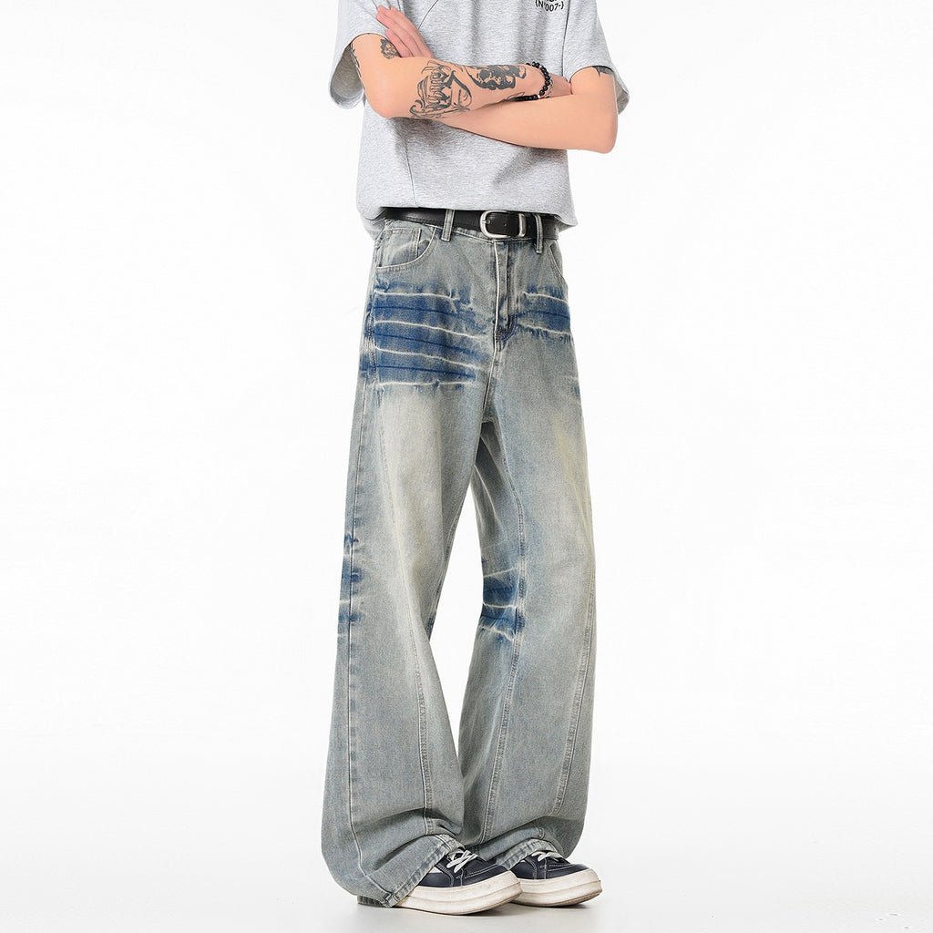 Cleanfit Light Blue Lightning Pattern Denim Pants Loose Fit Mid Waist Cotton