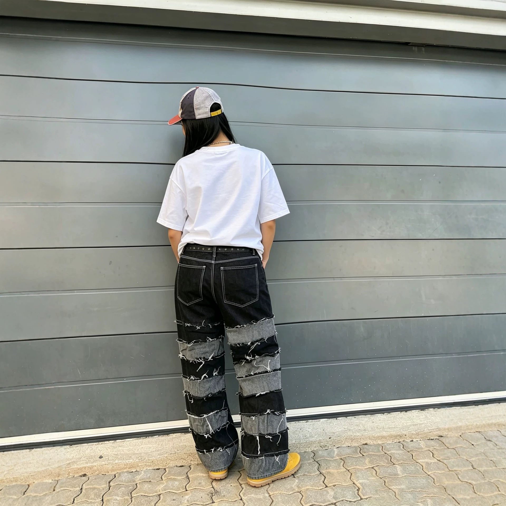 Street Patchwork Denim Pants With Raw Hem Black And Gray