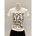 White Cotton Street Style Printed T Shirt For Women Casual Short Sleeve Slim Fit