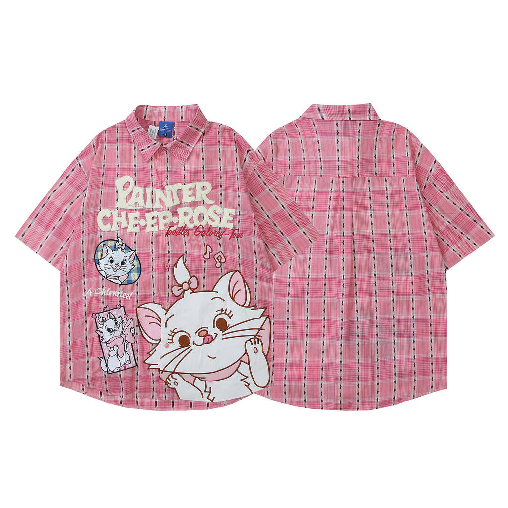 Mary Cat Printed Short Sleeve Cotton Shirt Pink Loose Fit Turn Down Collar