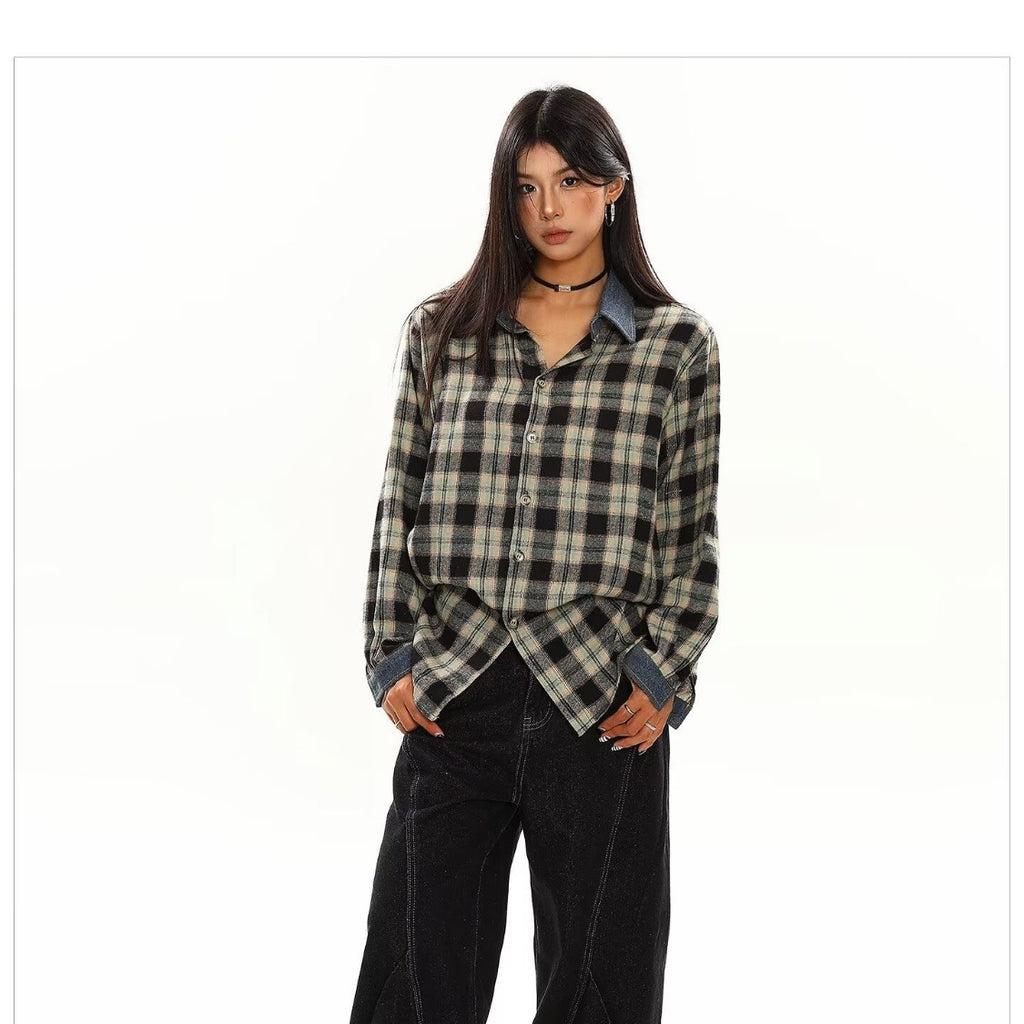 Unisex Loose Fit Plaid Shirt With Flip Collar Long Sleeve Button Closure