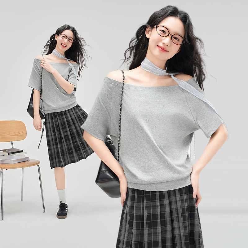 Cotton Spandex One Shoulder Slash Neck Sleeveless Tee For Women Loose Casual Top