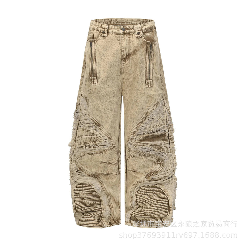 Heavily Distressed Irregular Ripped Jeans With Knife Edge Details In Brown Denim