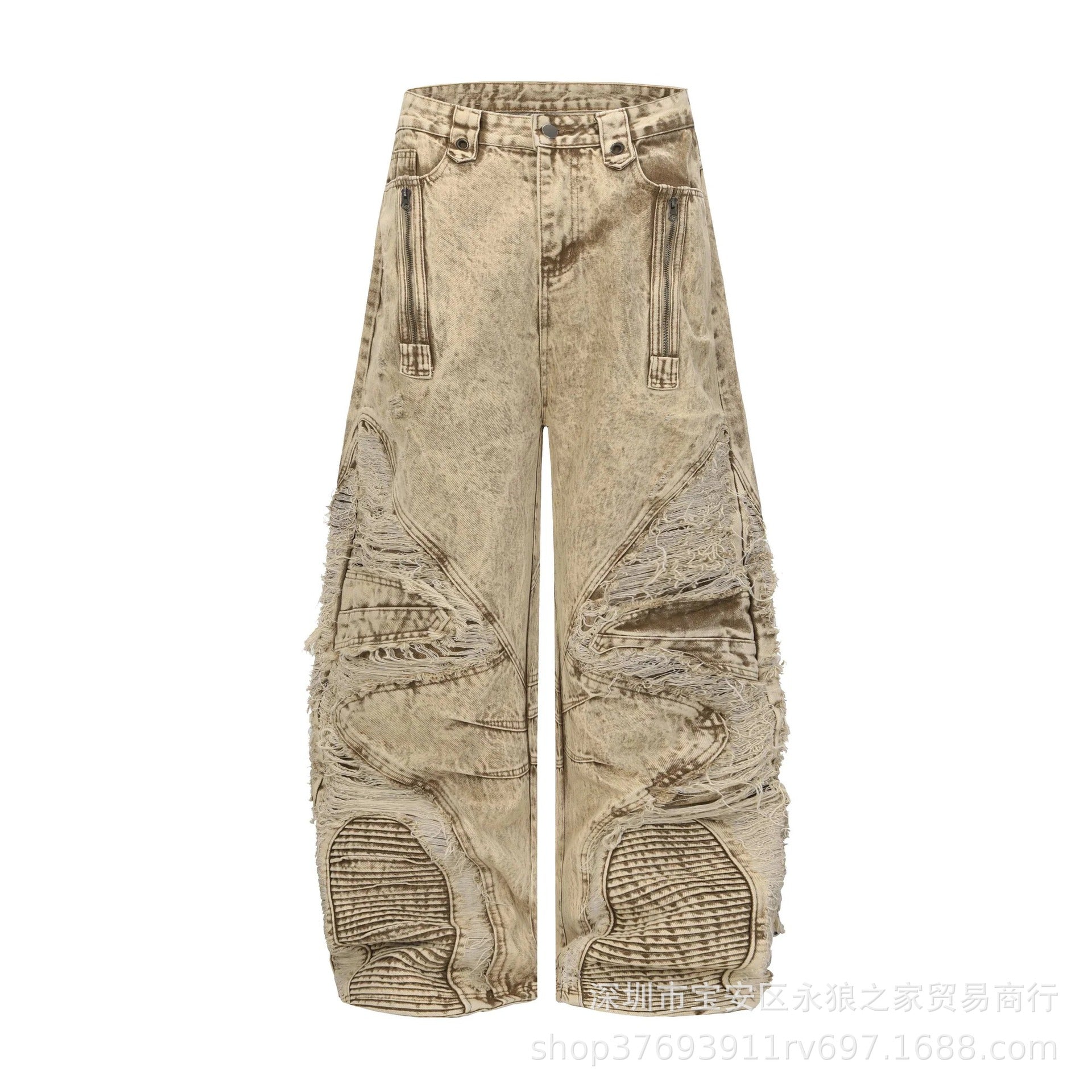 Heavily Distressed Irregular Ripped Jeans With Knife Edge Details In Brown Denim