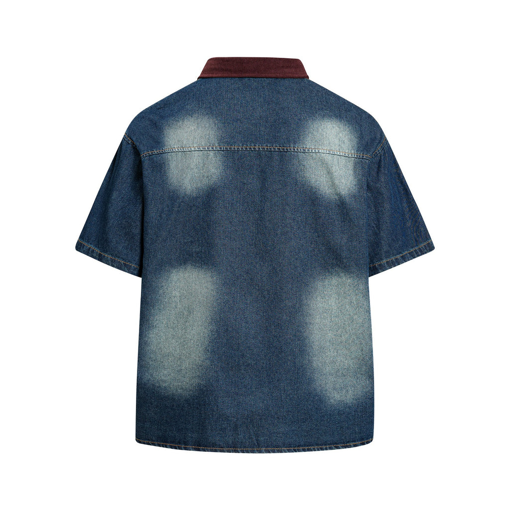 Blue Star Letter Embroidered Loose Fit Short Sleeve Cotton Shirt