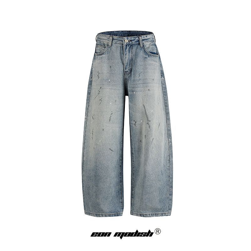 Mens Street Style Washed Denim Long Pants Loose Fit Casual