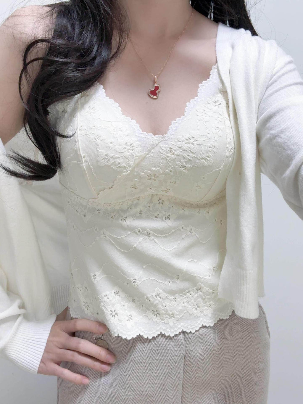Milk White V Neck Lace Camisole With Built In Padding Slim Fit One Size