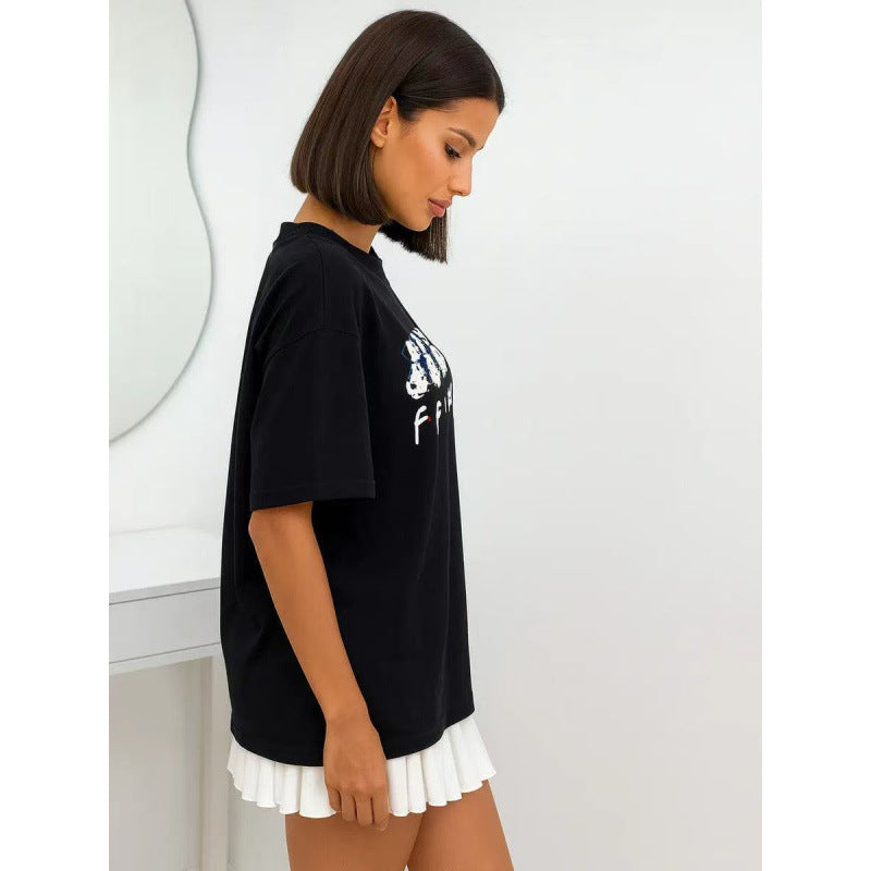 Dog Print Round Neck Loose Short Sleeve Cotton Tee For Women Casual