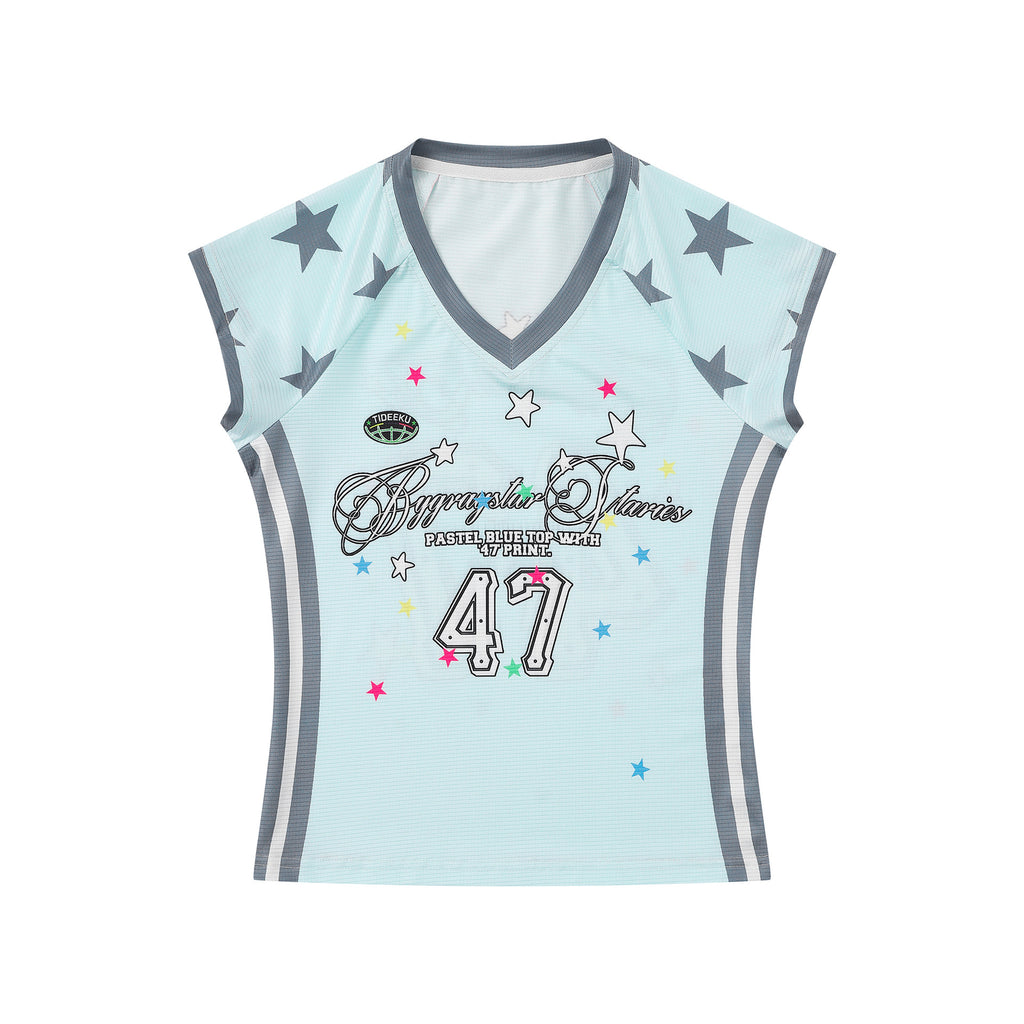 Girl Star Print V Neck Short Sleeve T Shirt Color Block Sporty Cropped Style