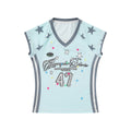 Girl Star Print V Neck Short Sleeve T Shirt Color Block Sporty Cropped Style