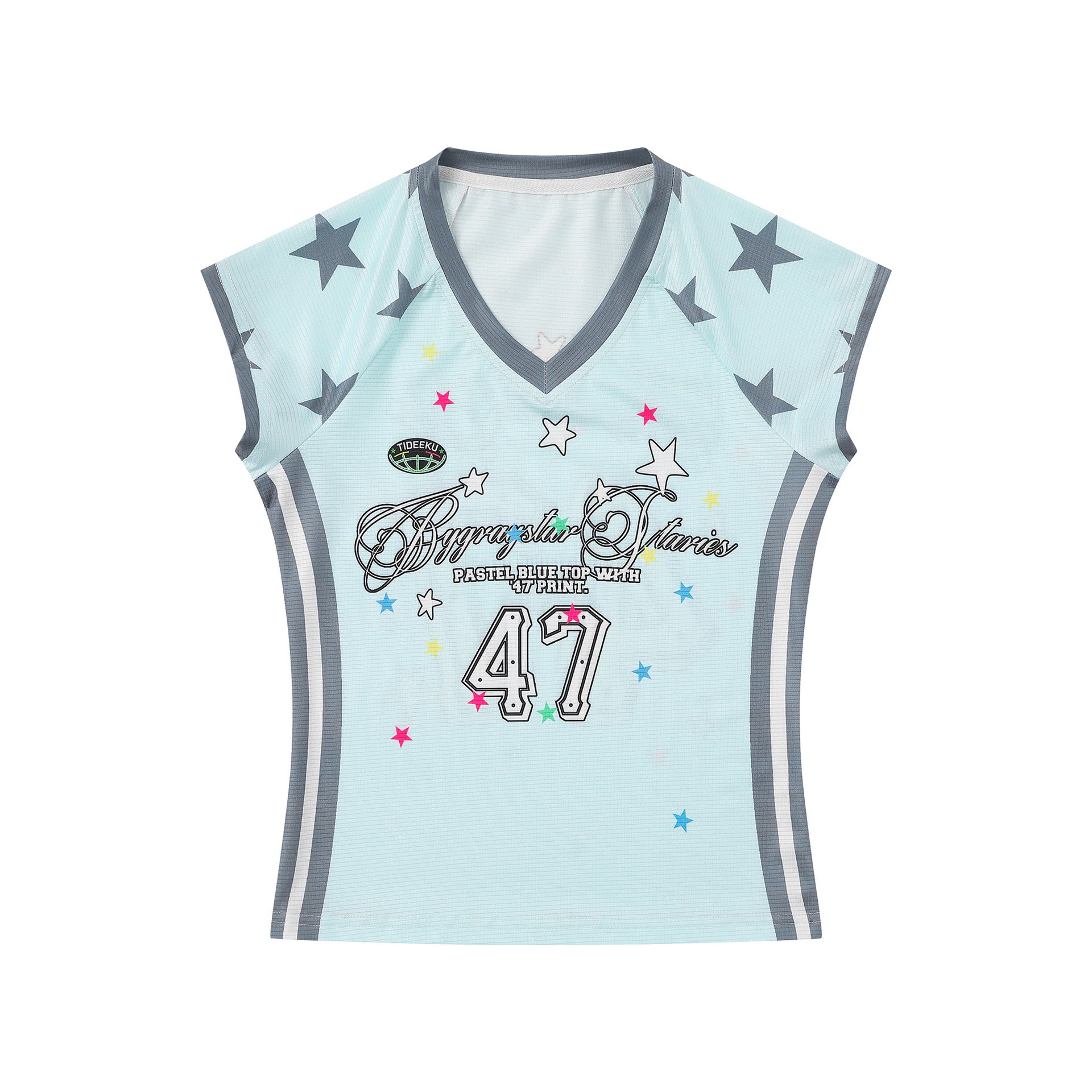 Girl Star Print V Neck Short Sleeve T Shirt Color Block Sporty Cropped Style