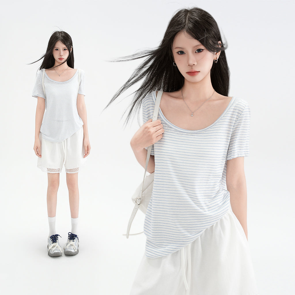 Blue and White Striped Off Shoulder Short Sleeve T Shirt for Women