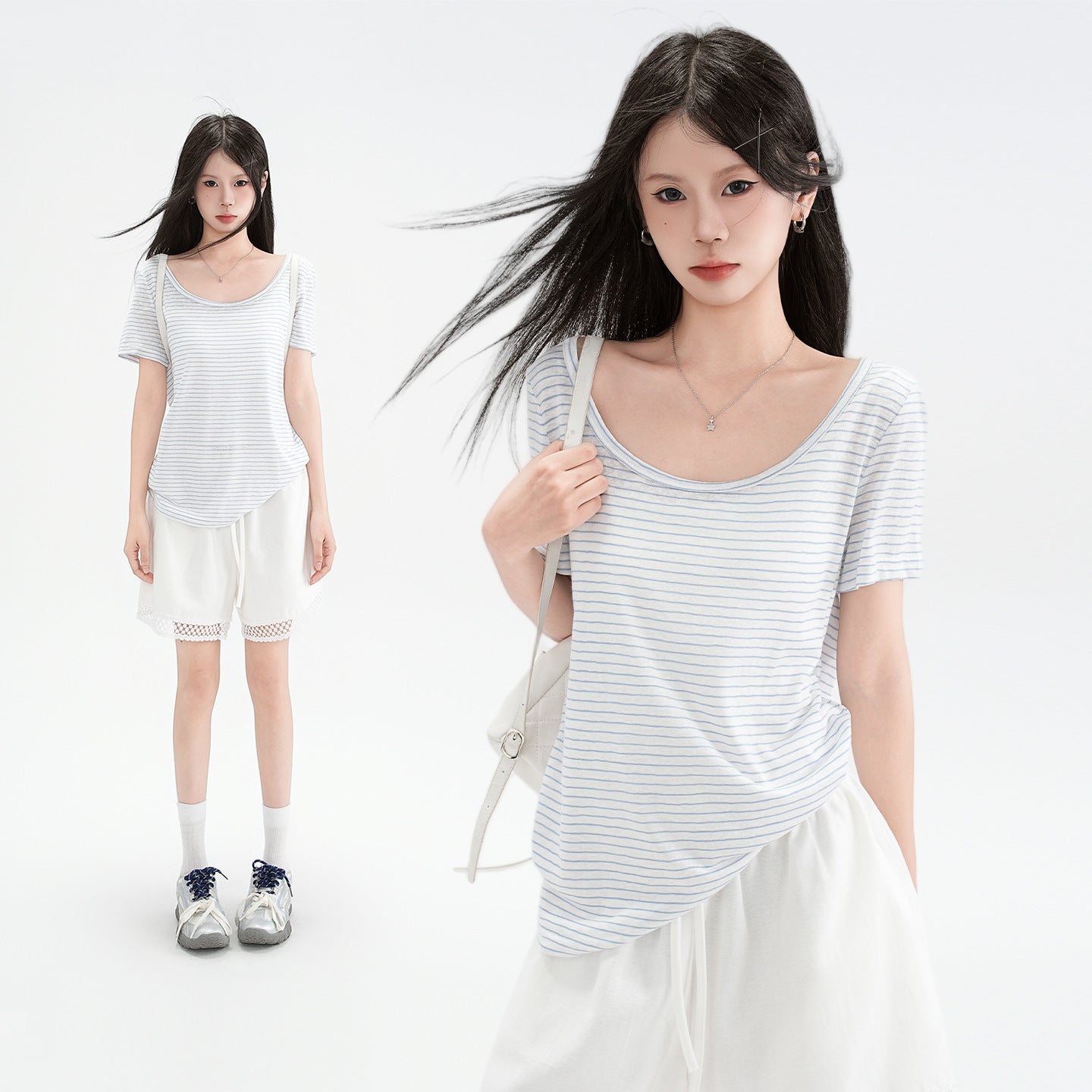 Blue and White Striped Off Shoulder Short Sleeve T Shirt for Women