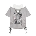 Candlestick Graffiti Printed Off Shoulder T Shirt Women Drawstring Pleated Top
