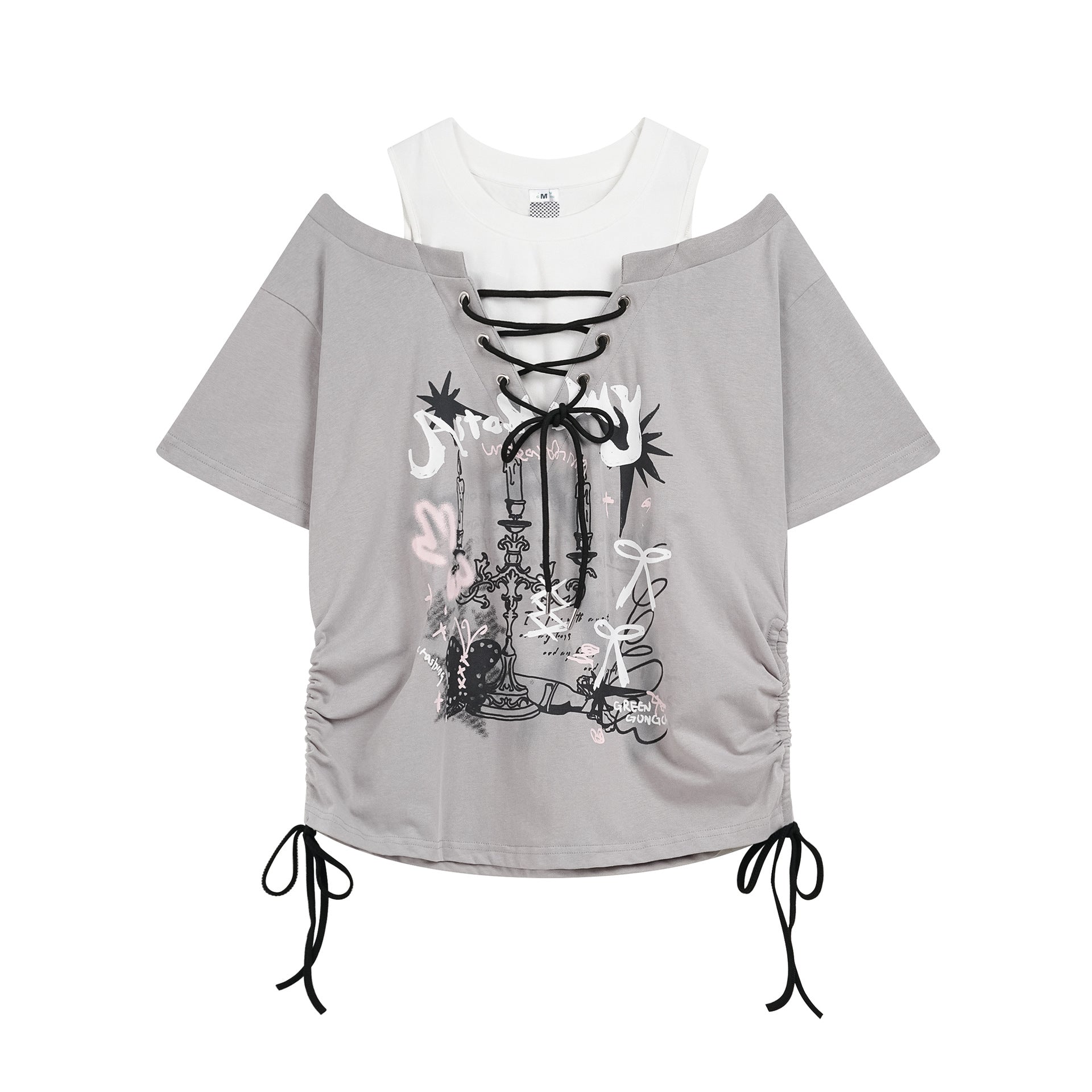 Candlestick Graffiti Printed Off Shoulder T Shirt Women Drawstring Pleated Top