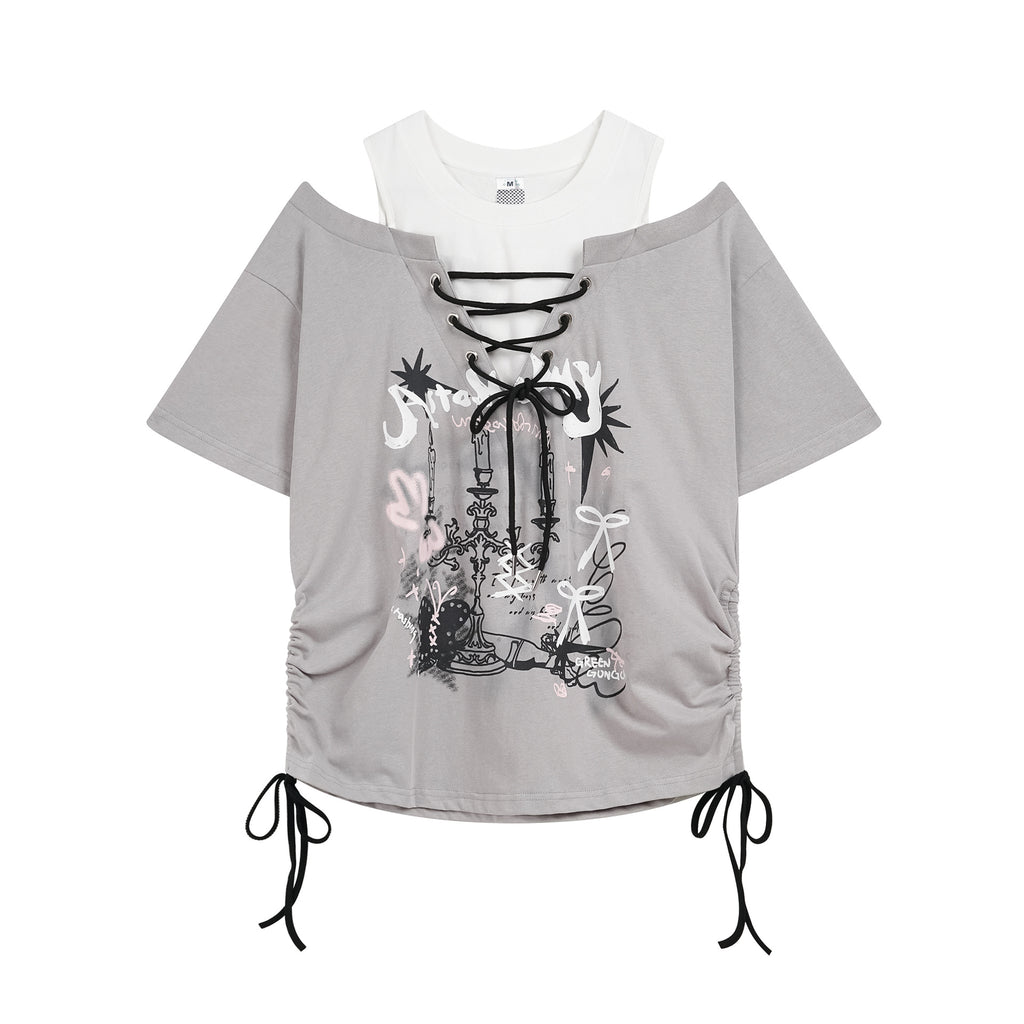 Graffiti Print Off Shoulder T Shirt Women Drawstring Geometric Short Sleeve