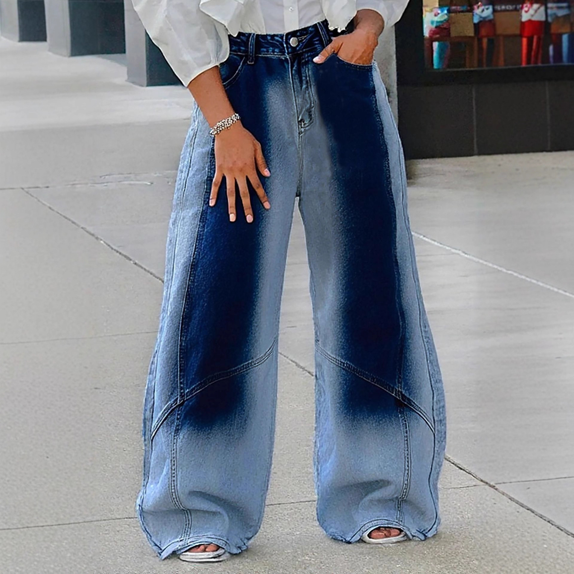 Blue Gradient Knife Wash Straight Leg Jeans For Men Streetwear