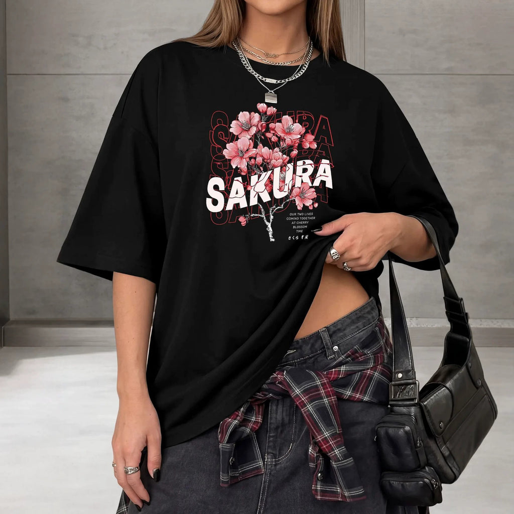 Plum Blossom Print Cotton Unisex Round Neck Short Sleeve T Shirt Casual Fit