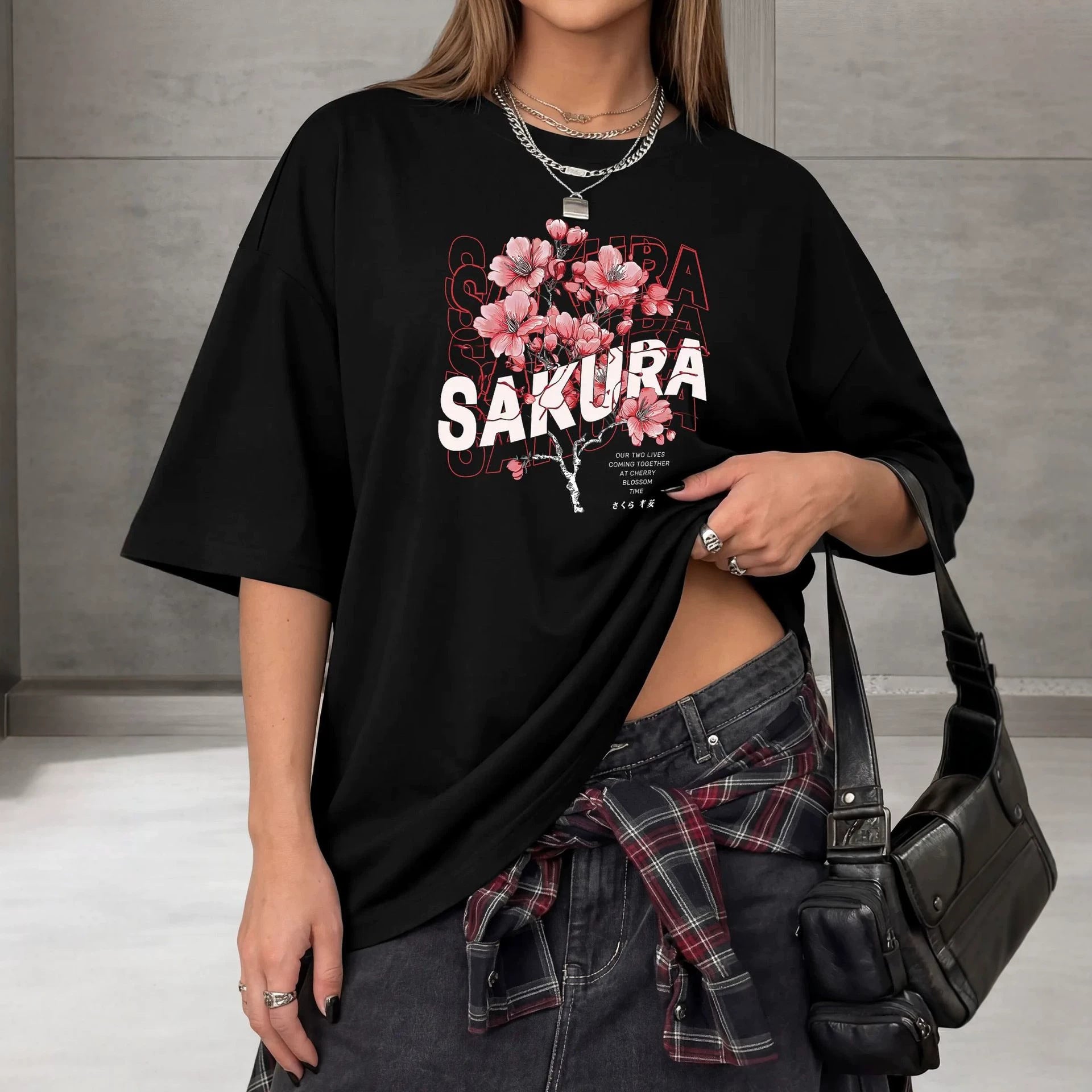 Plum Blossom Print Cotton Unisex Round Neck Short Sleeve T Shirt Casual Fit