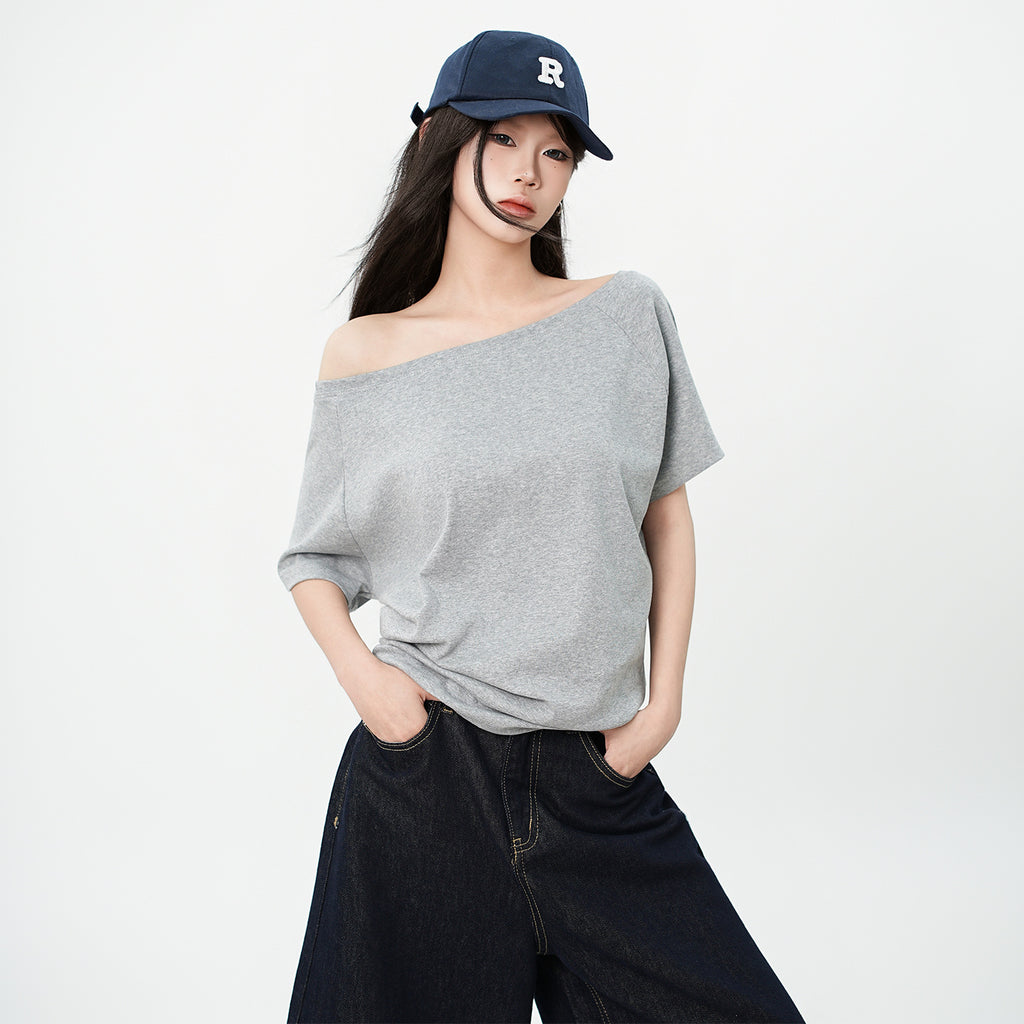 One Shoulder Asymmetrical Patchwork Top Cotton Short Sleeve Relaxed Fit