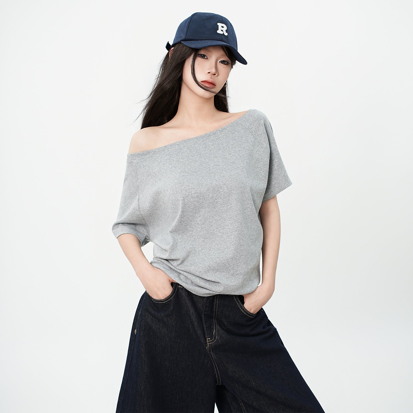 One Shoulder Asymmetrical Patchwork Top Cotton Short Sleeve Relaxed Fit