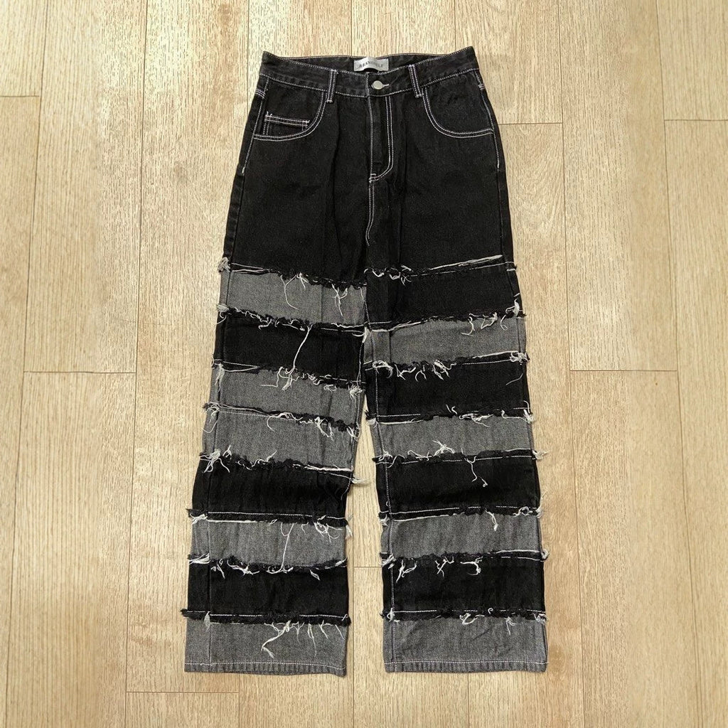 Street Patchwork Denim Pants With Raw Hem Black And Gray