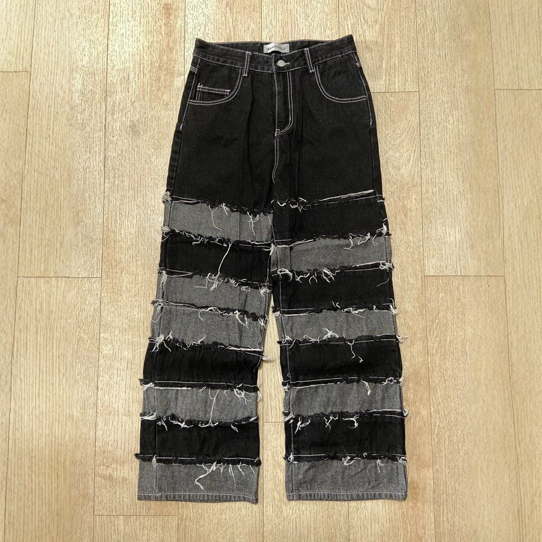 Street Patchwork Denim Pants With Raw Hem Black And Gray