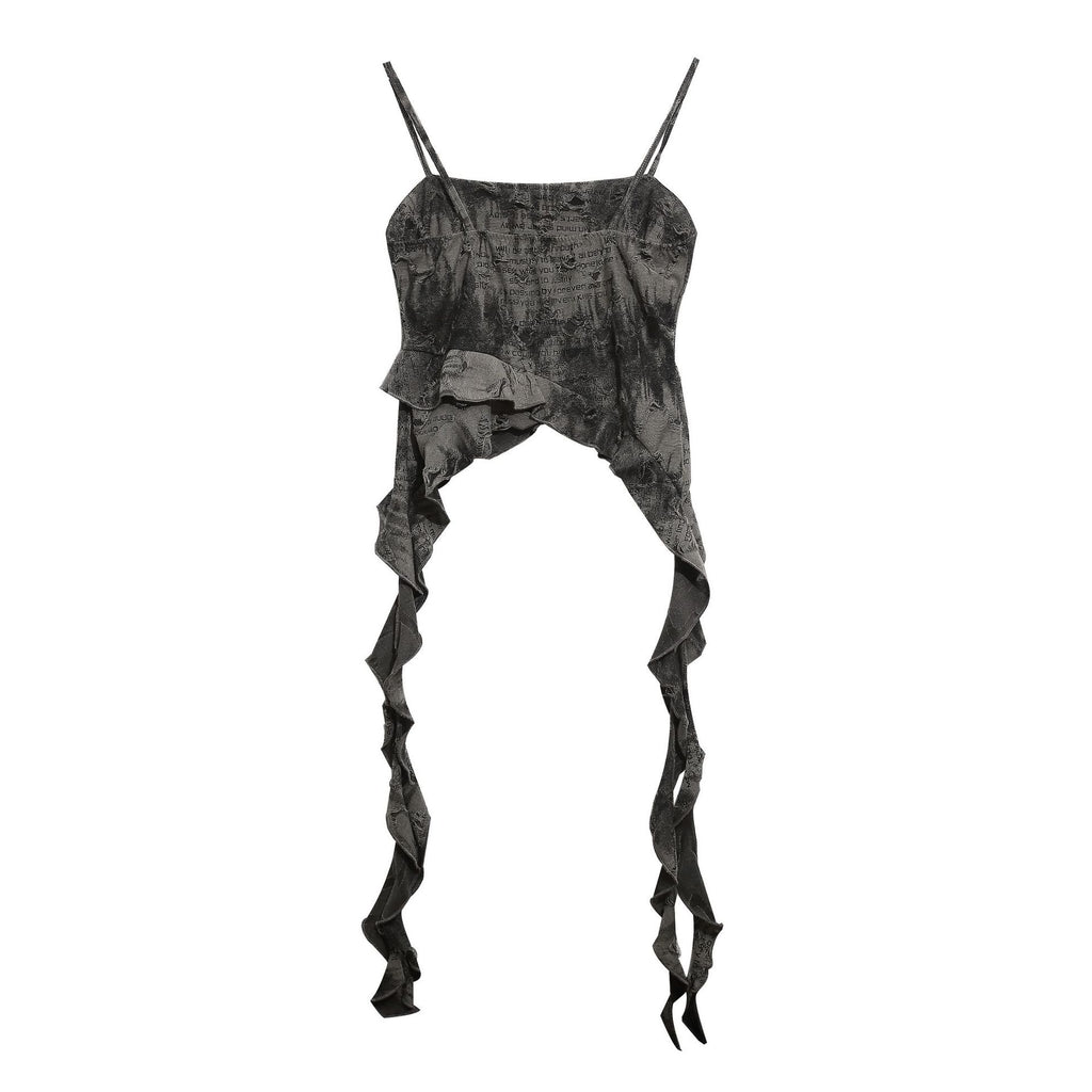 Vintage Tie Dye Ruffled Strap Crop Top With Gray Irregular Ribbon Detail