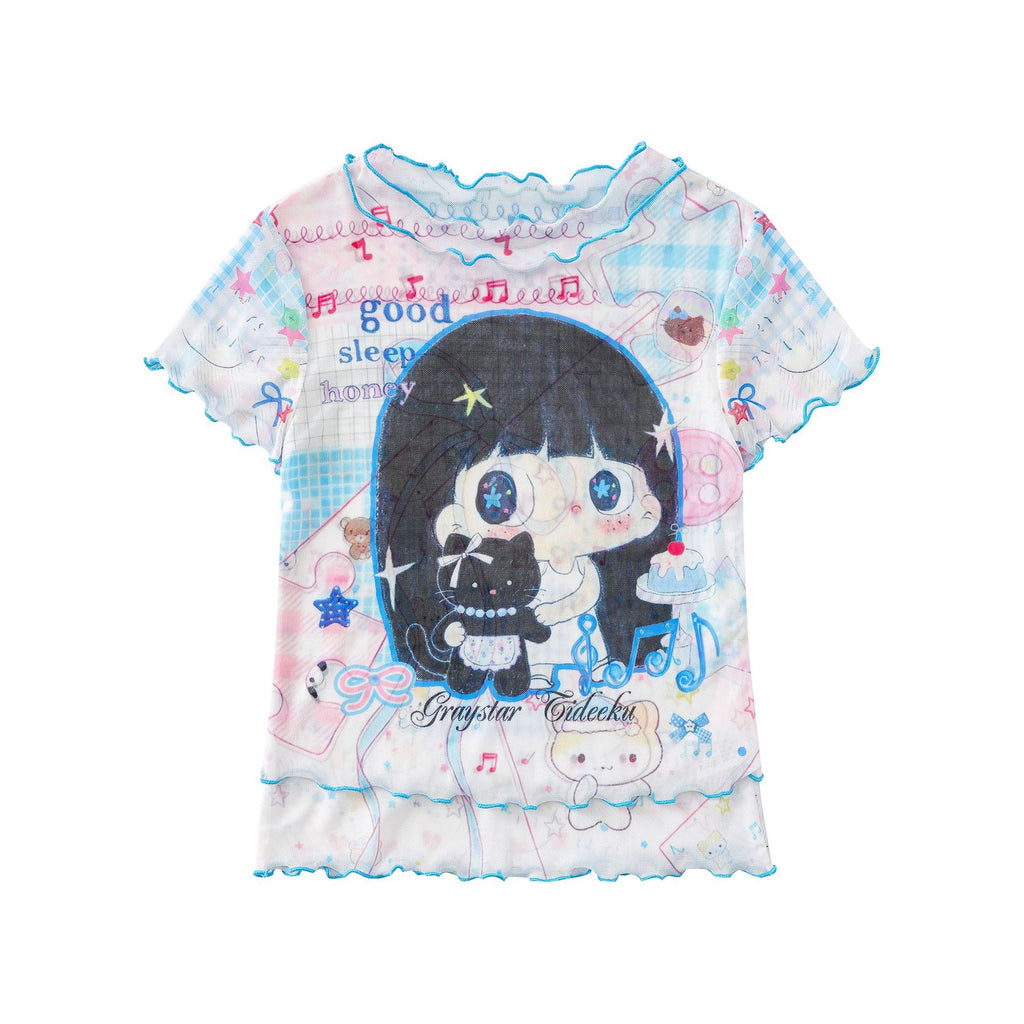Cartoon Graffiti Mesh T Shirt Color Block Plaid Ruffle Bodysuit
