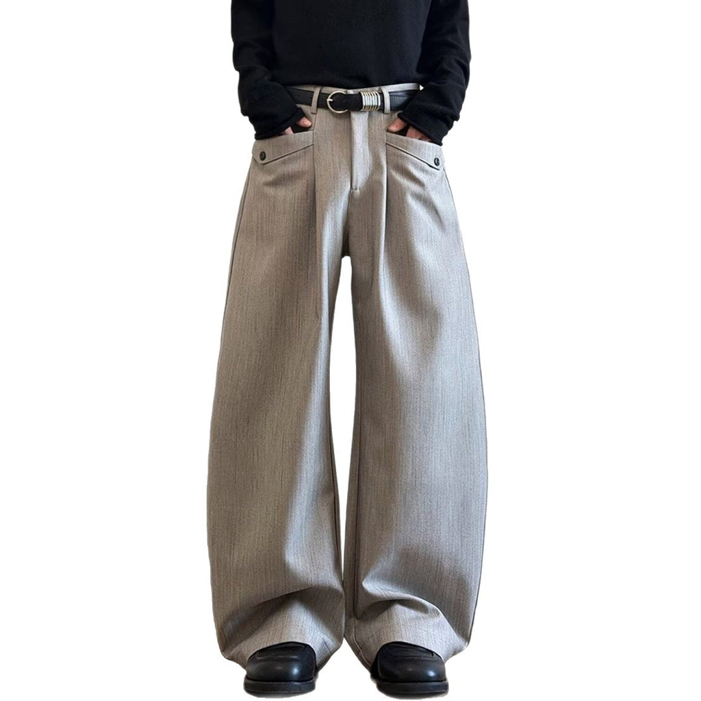 Vintage Preppy Pleated Knife Edge Trousers for Men in Gray