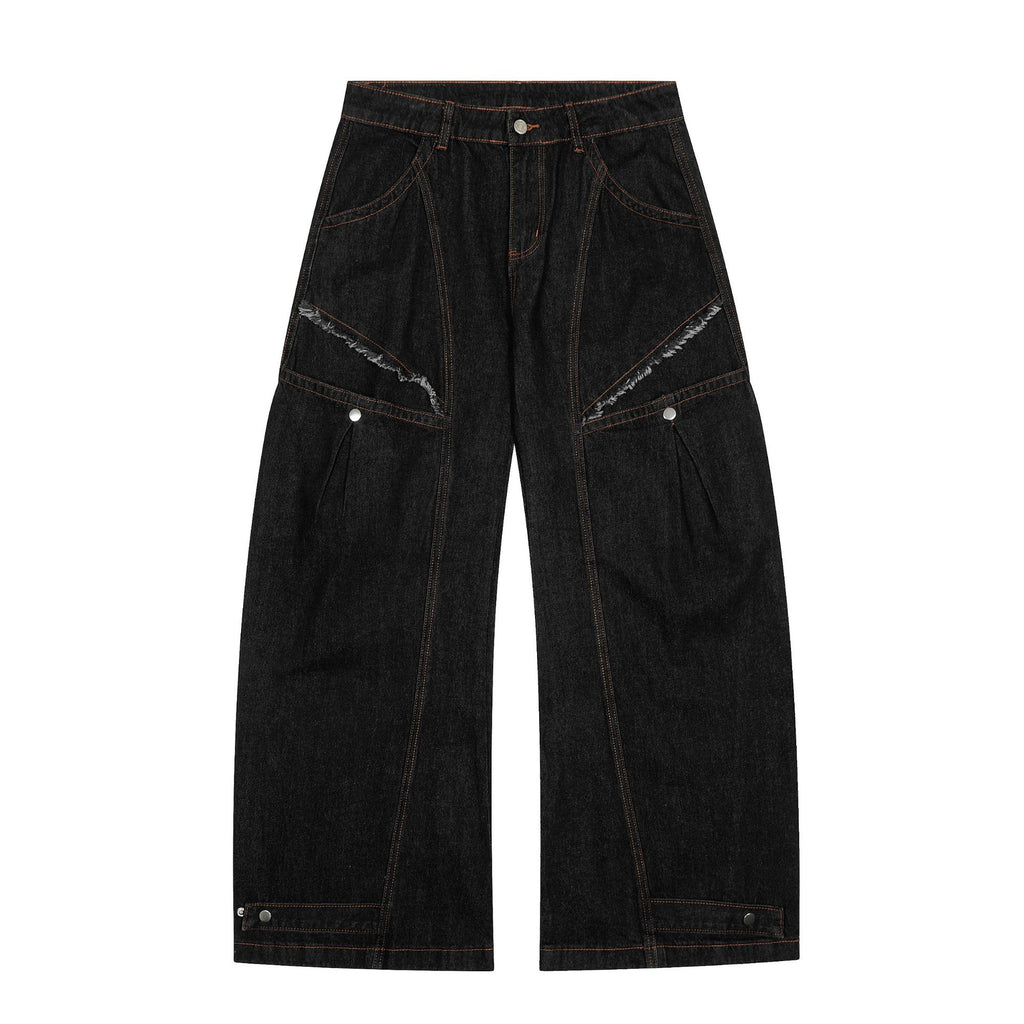 Black Denim Tapered Long Pants For Men With Unique Street Style