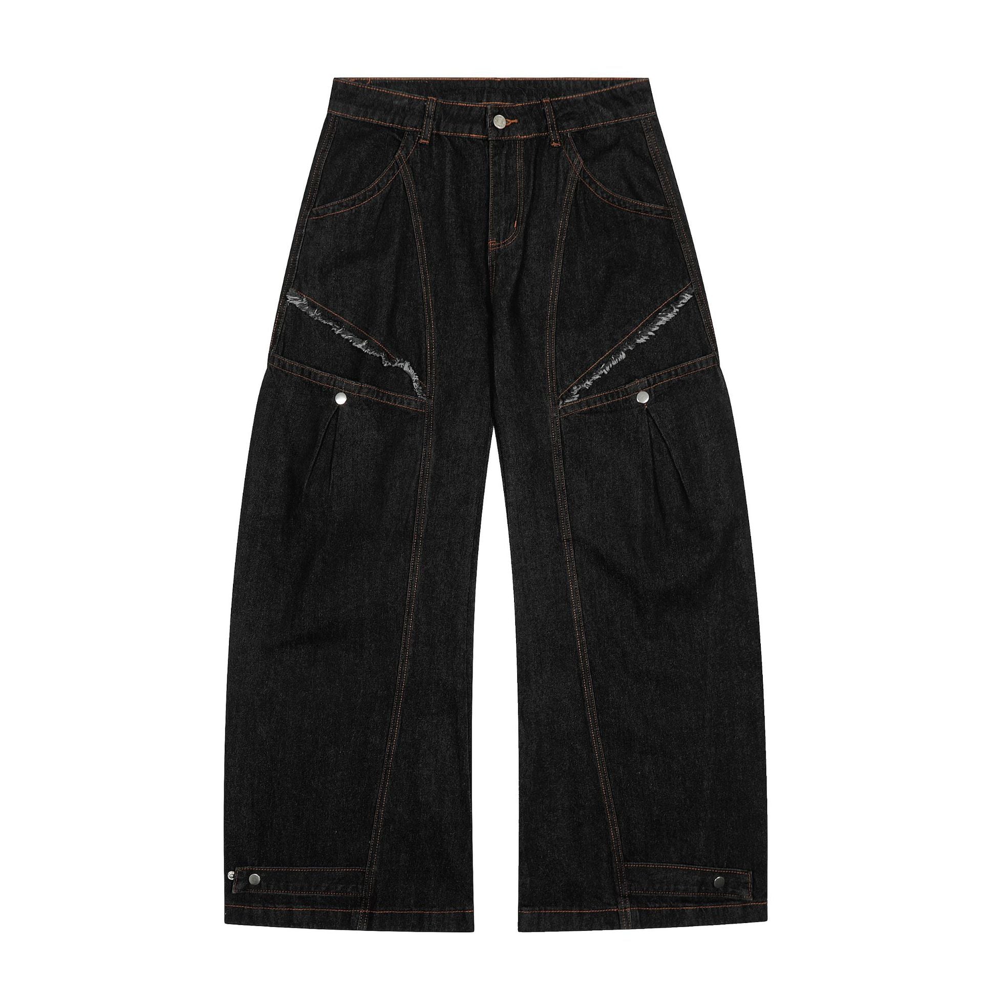 Black Denim Tapered Long Pants For Men With Unique Street Style