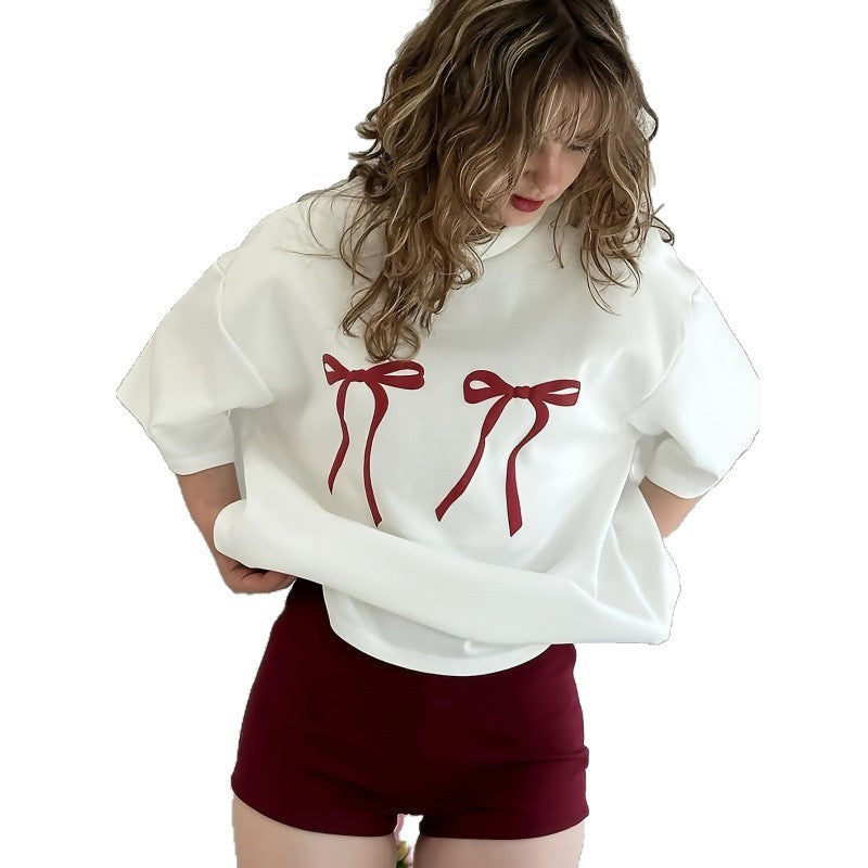 Loose Bow Print Top Red Japanese Style Cotton Short Sleeve