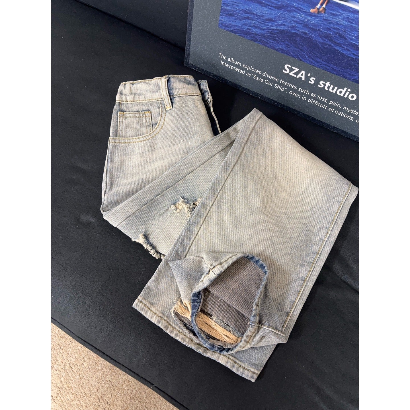 Vintage Street Style Distressed Denim Pants Loose Fit Mid Rise