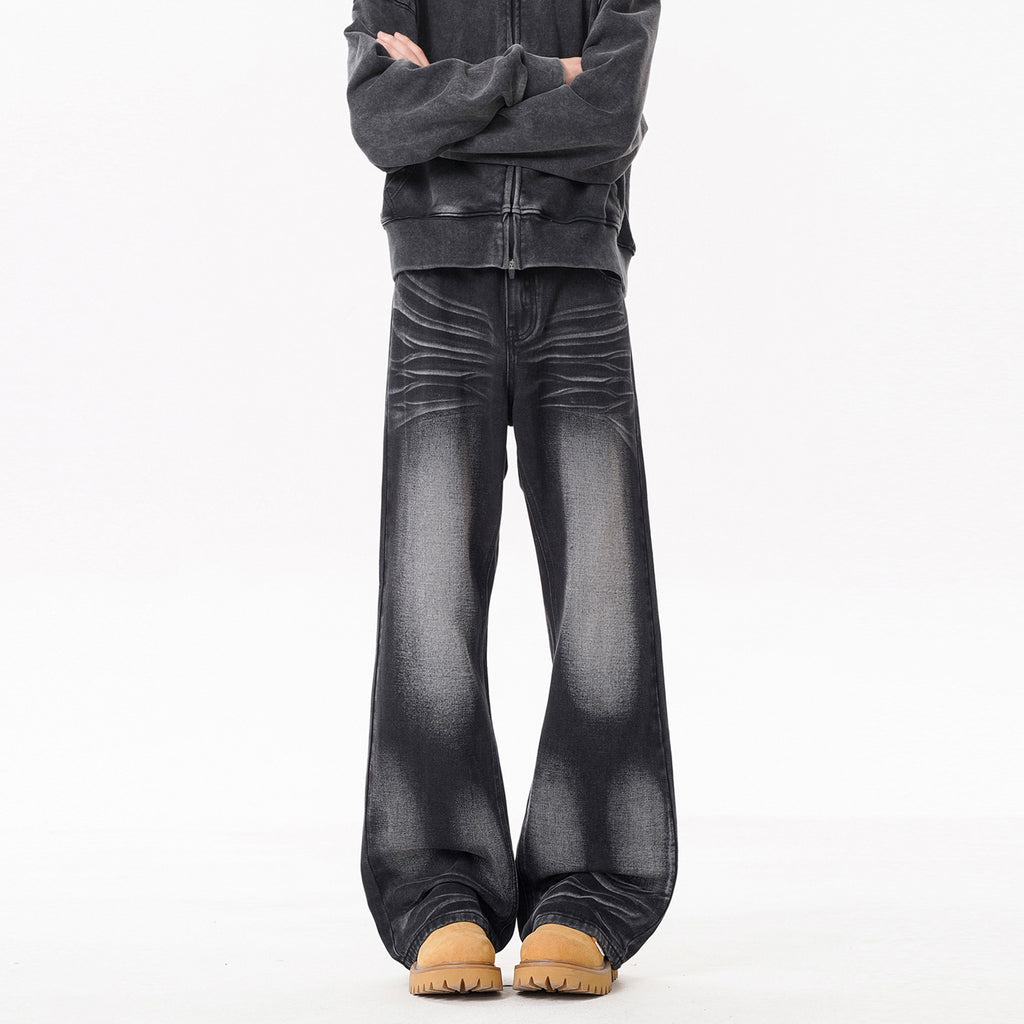 Retro Cat Paw Print Washed Denim Pants With Straight Leg