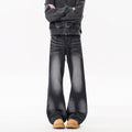 Retro Cat Paw Print Washed Denim Pants With Straight Leg