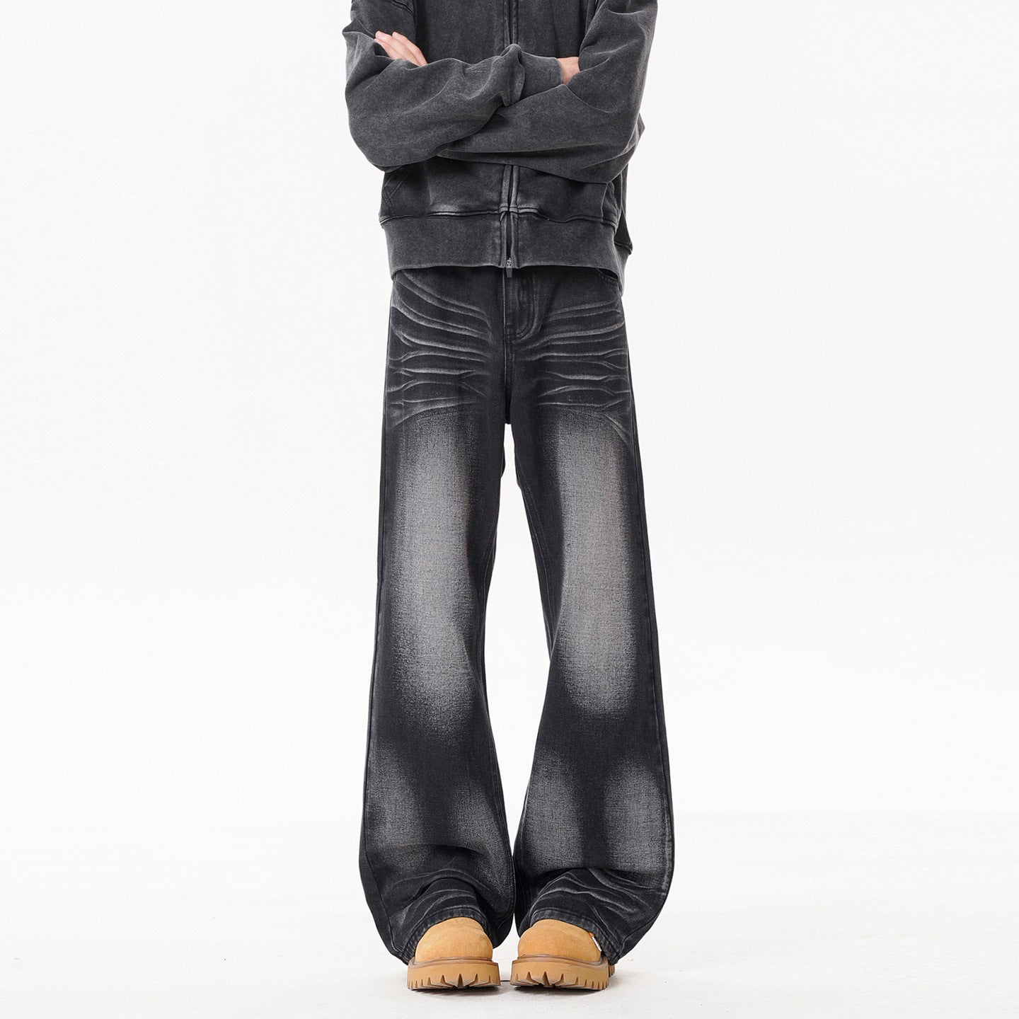Retro Cat Paw Print Washed Denim Pants With Straight Leg
