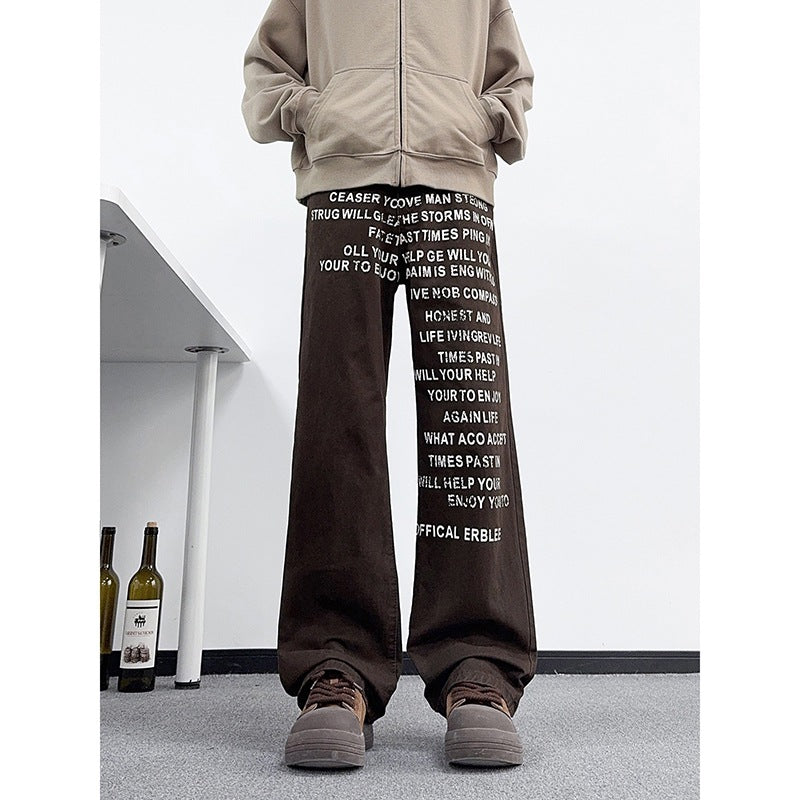 Washed Distressed Letter Print Khaki Jeans Loose Fit Retro Style