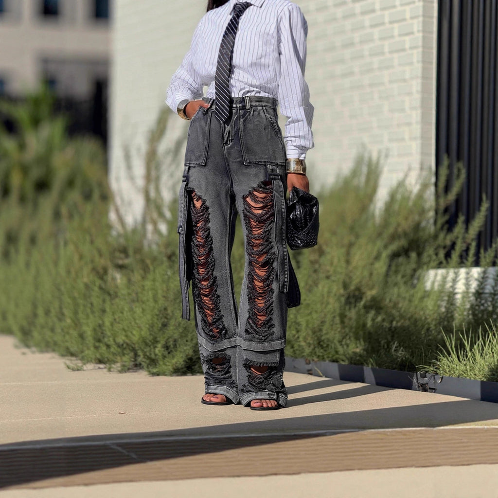 Black Ripped Tie Detail Cargo Denim Jeans Street Style