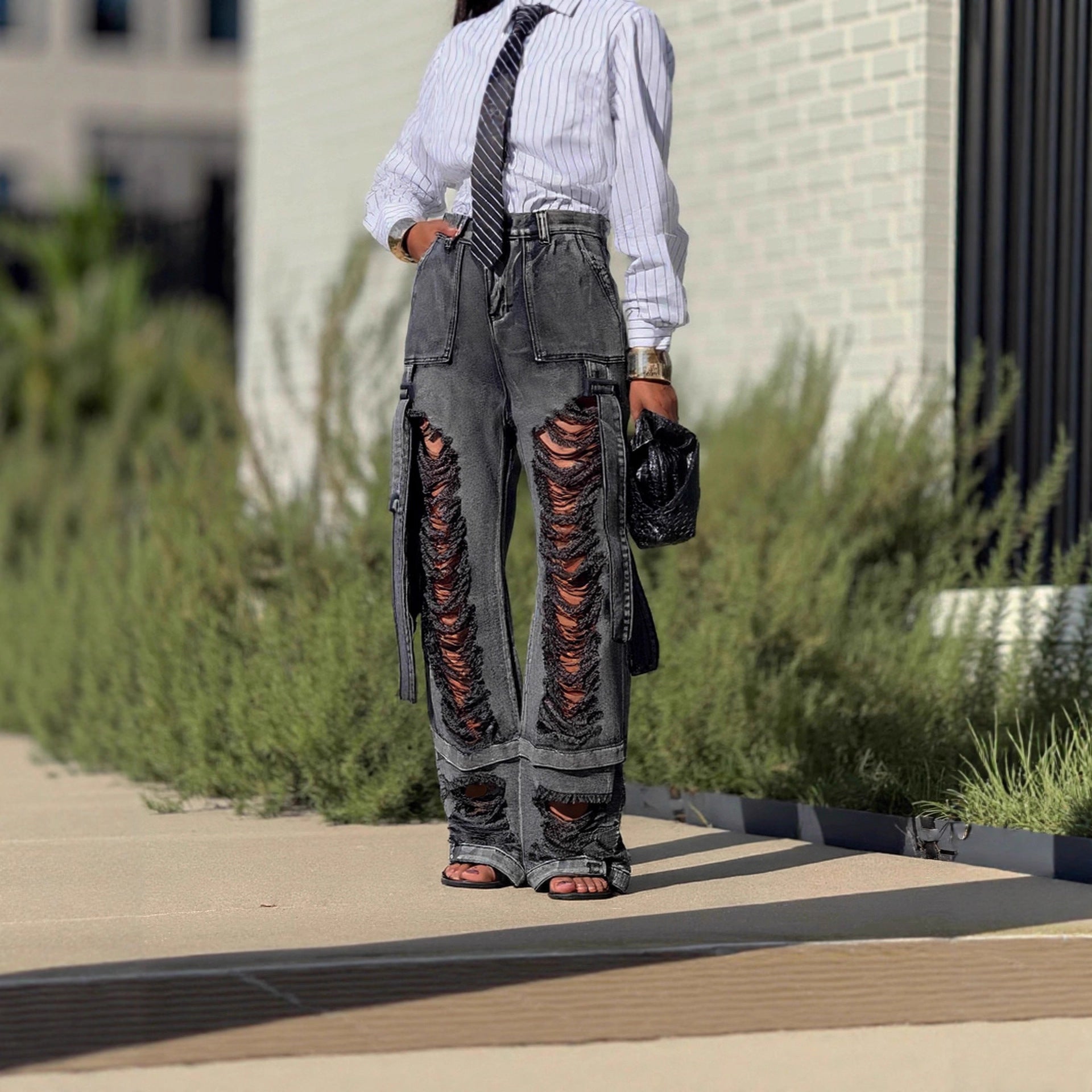 Black Ripped Tie Detail Cargo Denim Jeans Street Style