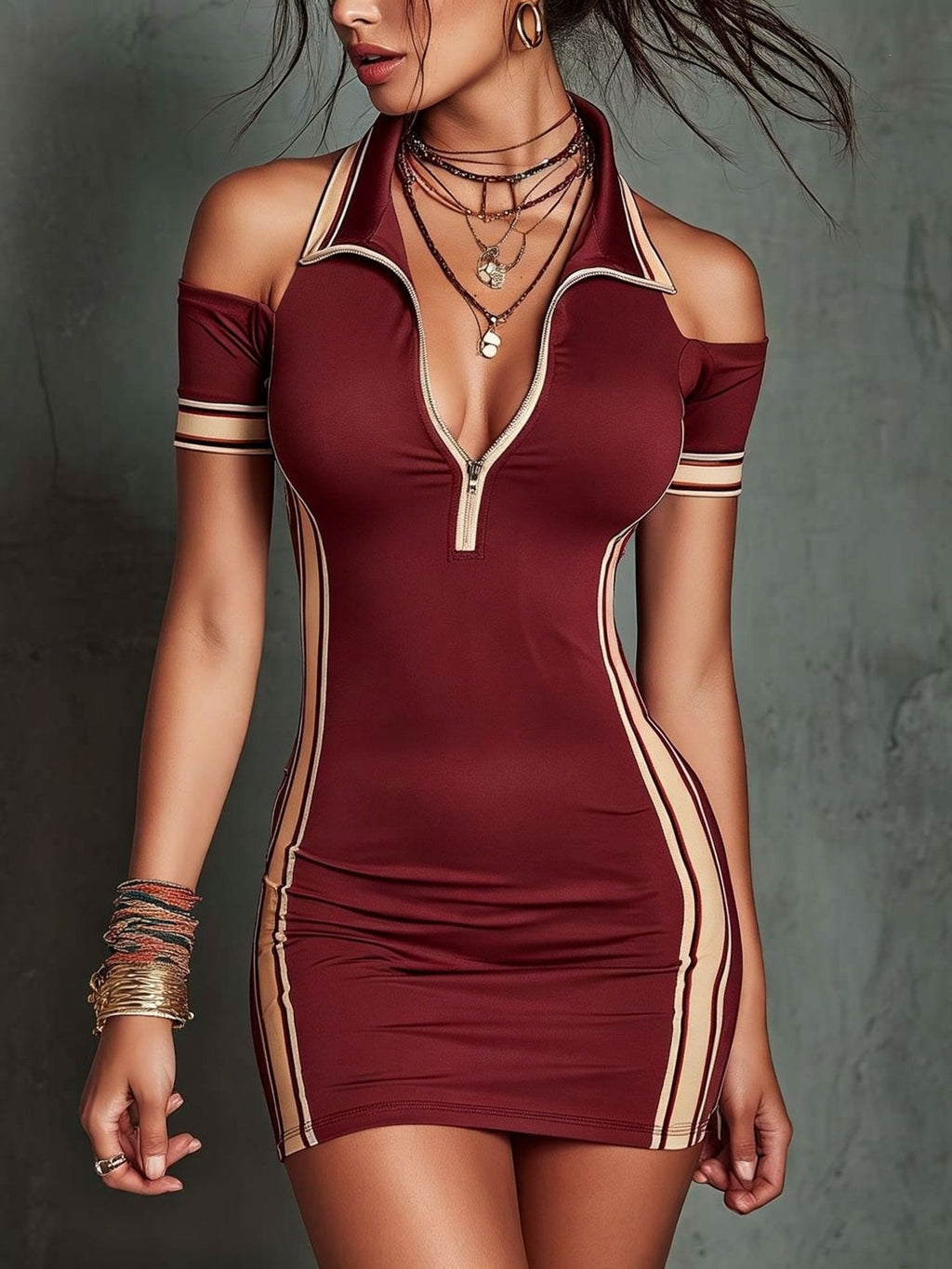 Elastic Color Block Striped Fitted Mini Dress With High Waist Short Sleeve
