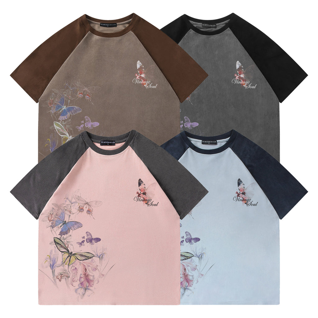 Ink Butterfly Print Short Sleeve Shirt Cotton Blend Floral Tee Loose Fit