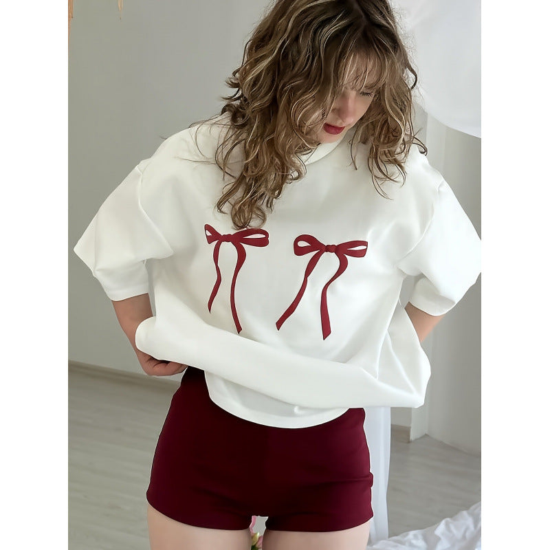 Loose Bow Print Top Round Neck Cotton Japanese Style Short Sleeve Casual