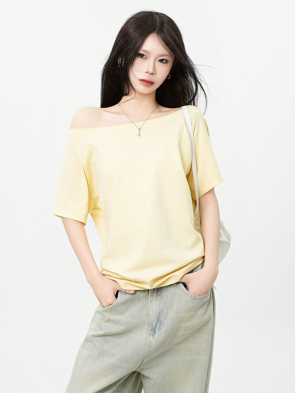 One Shoulder Asymmetrical Patchwork Top Cotton Short Sleeve Relaxed Fit