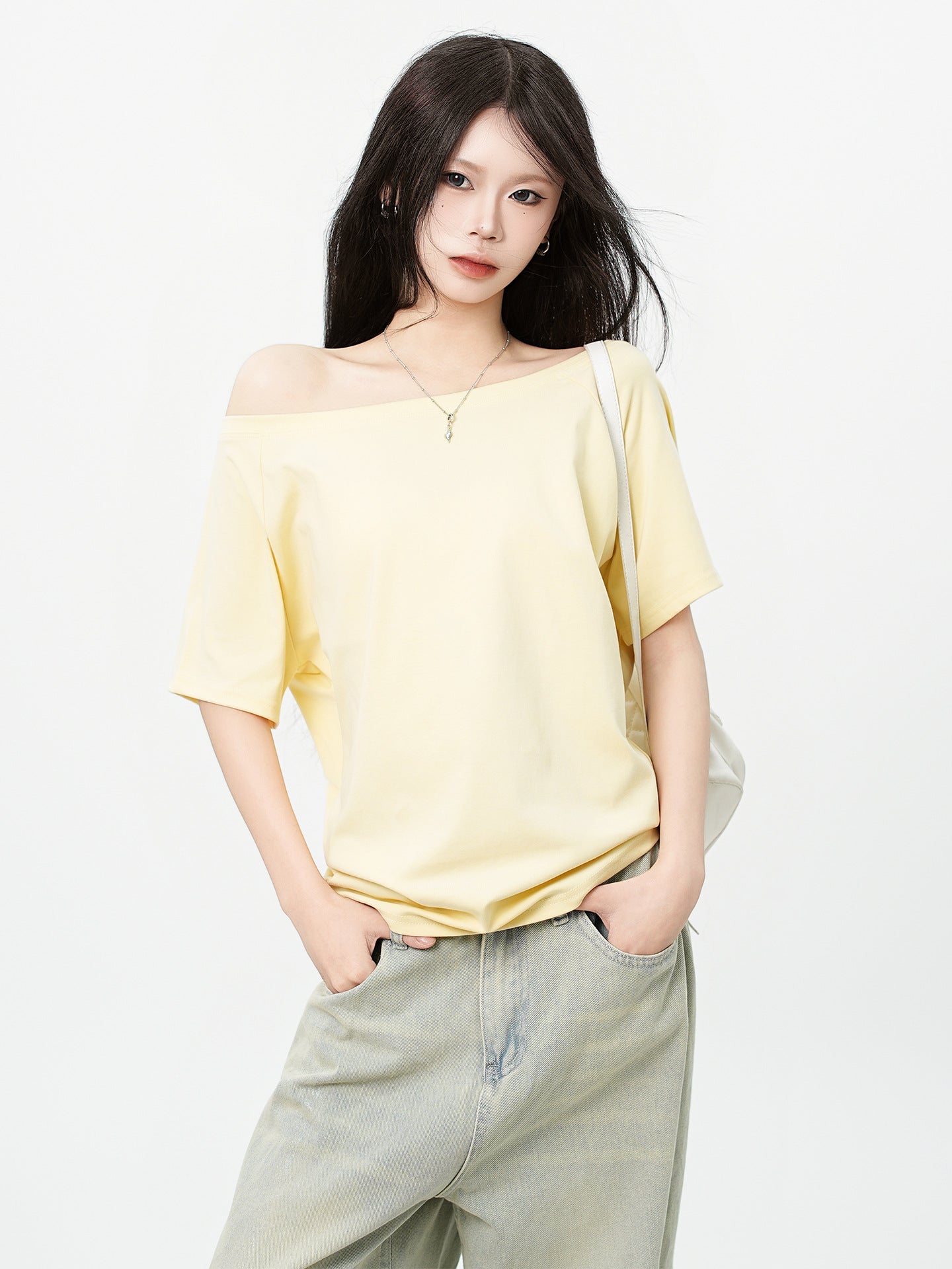 One Shoulder Asymmetrical Patchwork Top Cotton Short Sleeve Relaxed Fit