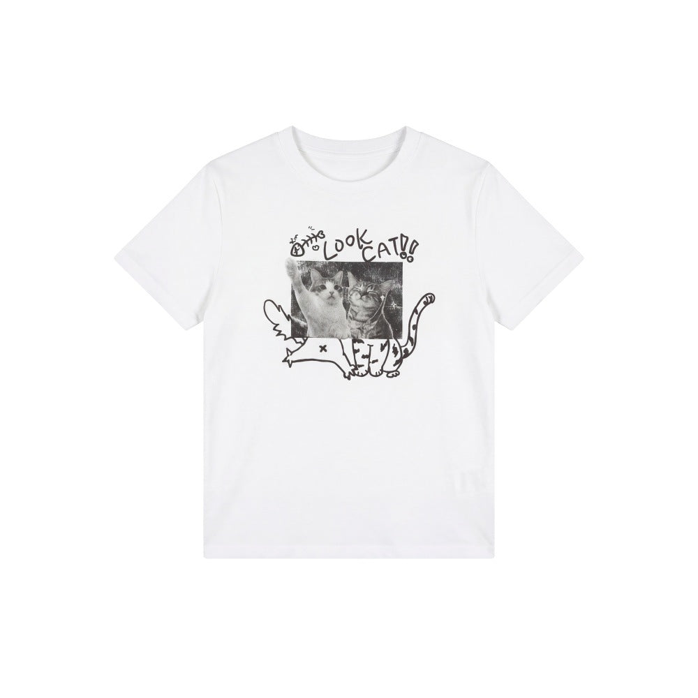 Cat Print Round Neck T Shirt For Women Loose Fit Short Sleeve Cotton