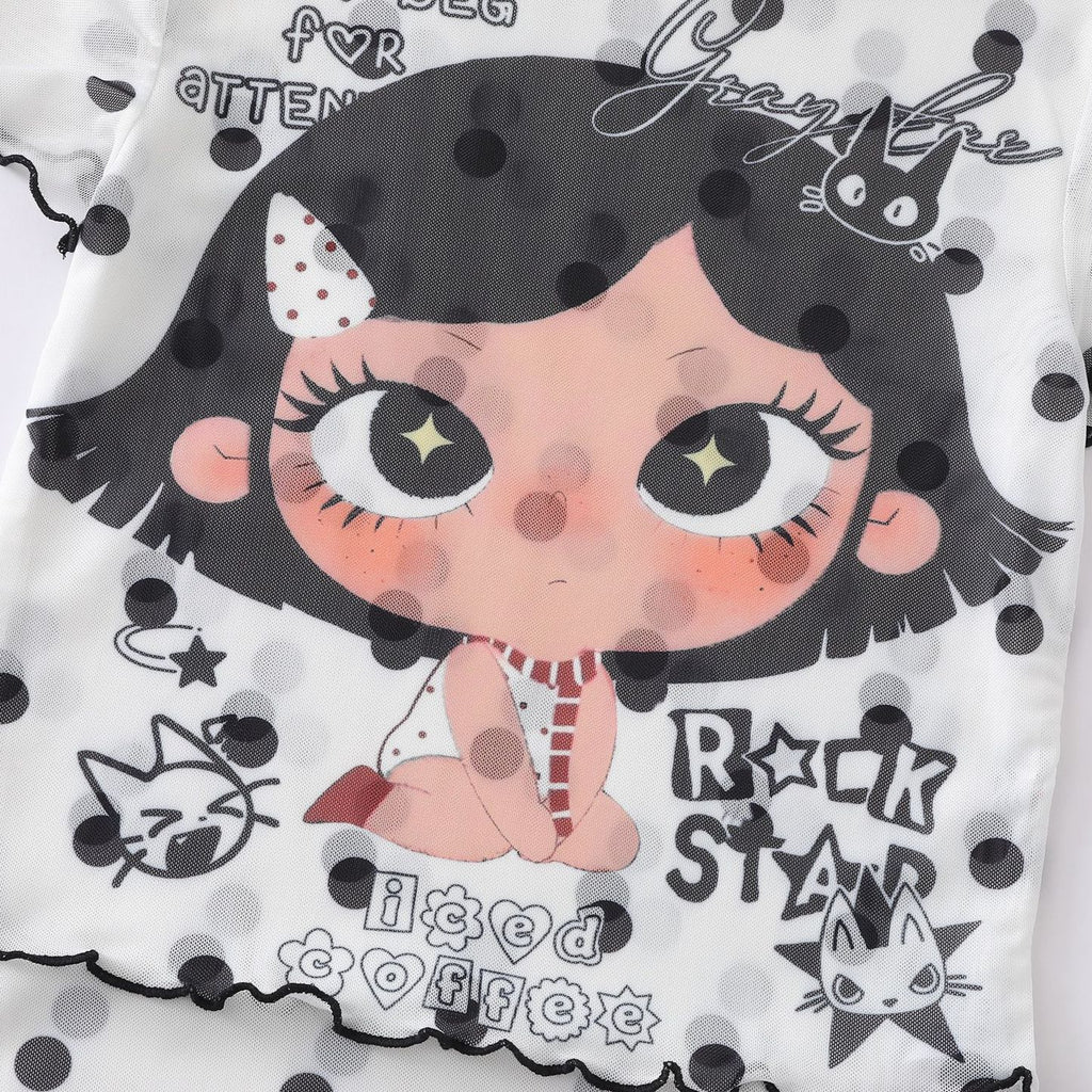 Unisex Cartoon Graffiti Mesh T Shirt Color Block Plaid Ruffle Trim Bodysuit